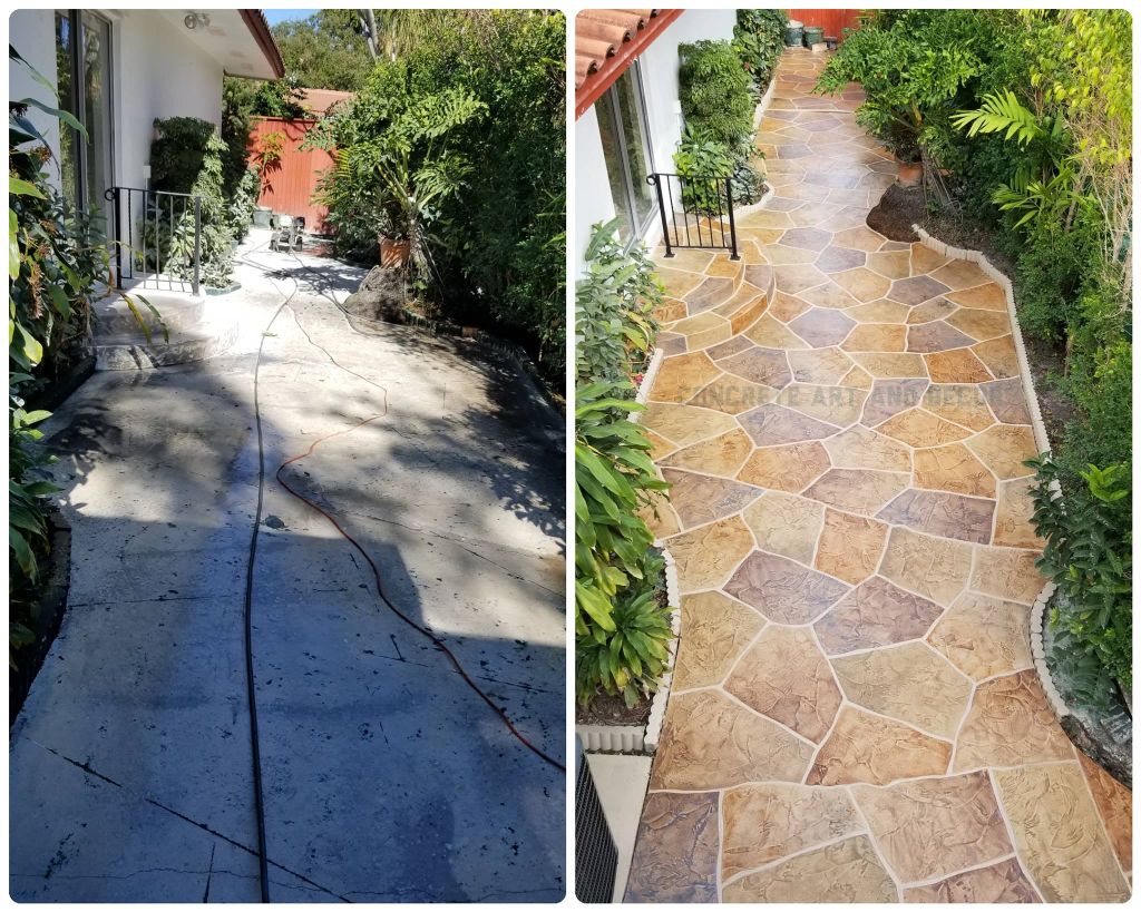 before and after image showing a dull cracked concrete surface transformed into a new beautiful stamped concrete stone pattern.